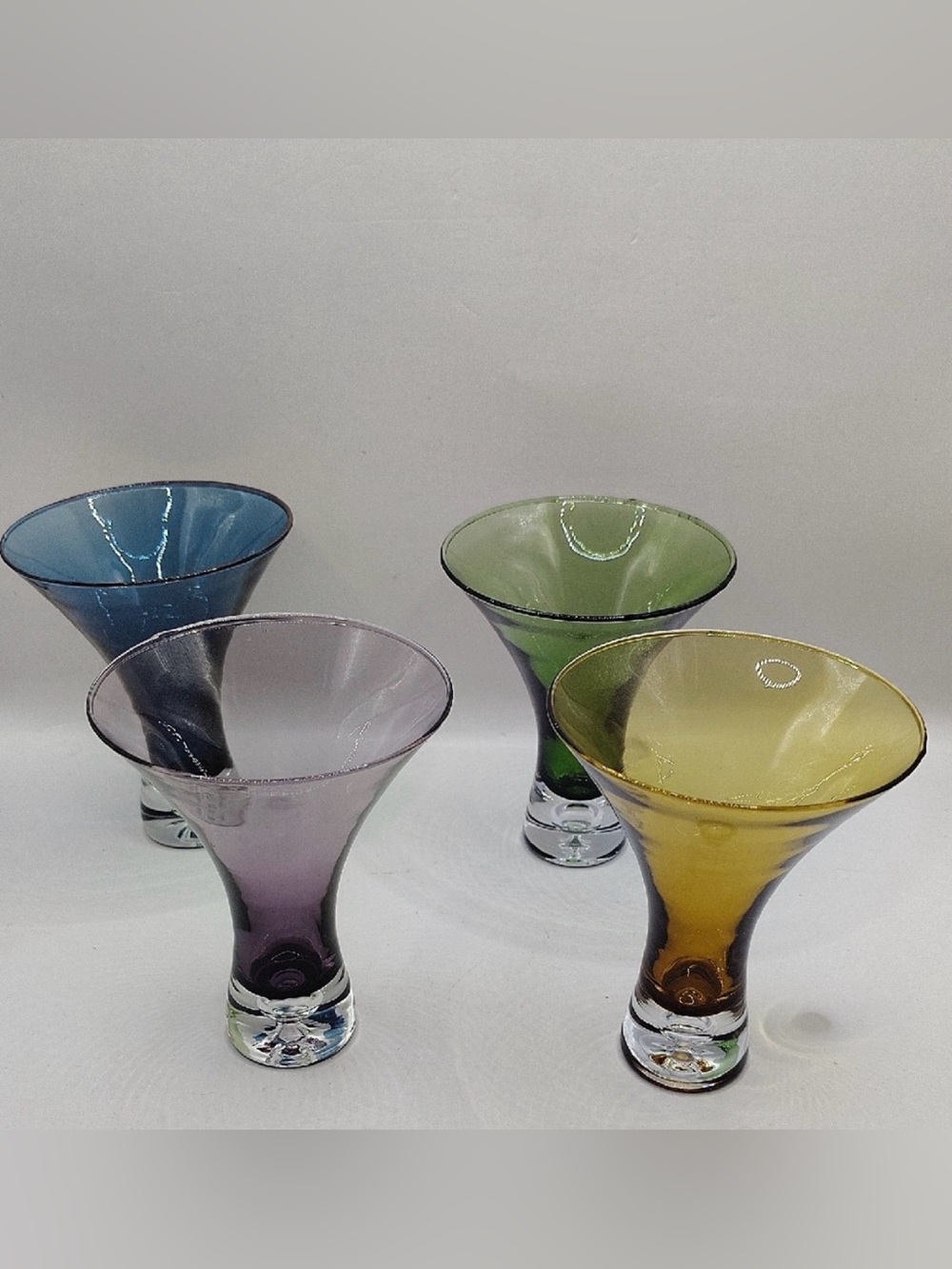 Vintage Set Of 4 Artland Jewel Tone Martini Wine Glasses Bubble Base